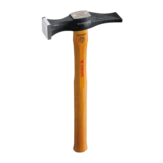 Photo of Facom 859H_28 black and silver hammer with hickory wooden handle, product on white background, front view.
