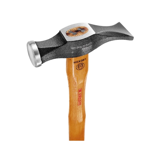 Facom 860H_32 engineer hammer with black metal head, round striking face, pointed peen, hickory wood handle, front angle.