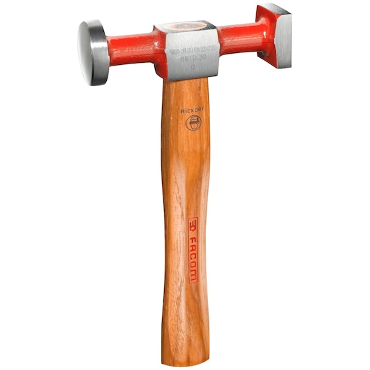 Facom 861D_26 engineer hammer with red metal head and wooden hickory handle, front angle on white background.