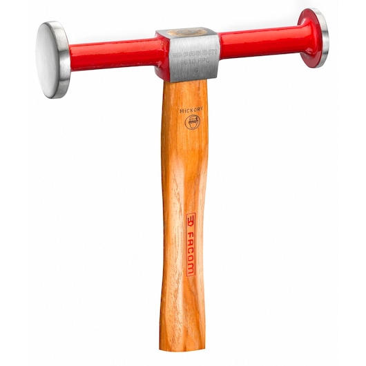Facom 861D_RPC machinist hammer with red double steel head and hickory wood handle, front angle.