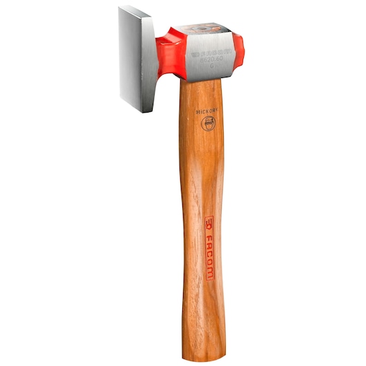 Facom 862D_60 hammer with red steel head and hickory wood handle, white background, angled view.