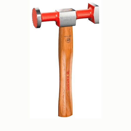 Facom 866D_32 photography of double-faced hammer with red steel head and wooden handle, front angle.