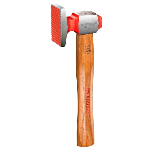 Facom 867D_DS mason hammer with textured steel head and hickory wood handle, front angle, white background.