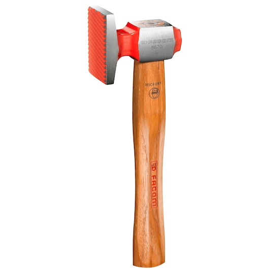 Facom 867D masonry hammer with grooved steel head and wooden handle, front angle, photography