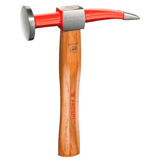 Facom 868D_40BOC hammer with wooden handle, red and silver metal head, front angle, photography.