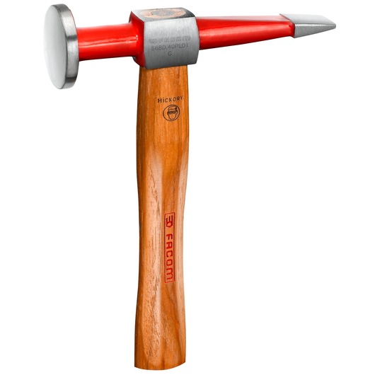 Facom 868D_40PLD1 hammer with red metal head, flat striking face, pointed tip, and wooden hickory handle, front angle.