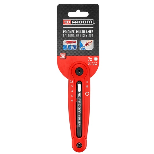 Facom 86H_JE7APB folding hex key set, red and black, seven keys with size markings, front view on white background.