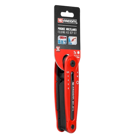 Photo of Facom 86H_JE7APB folding hex key set with red handle, seven black hex keys, packaging visible, front angle.