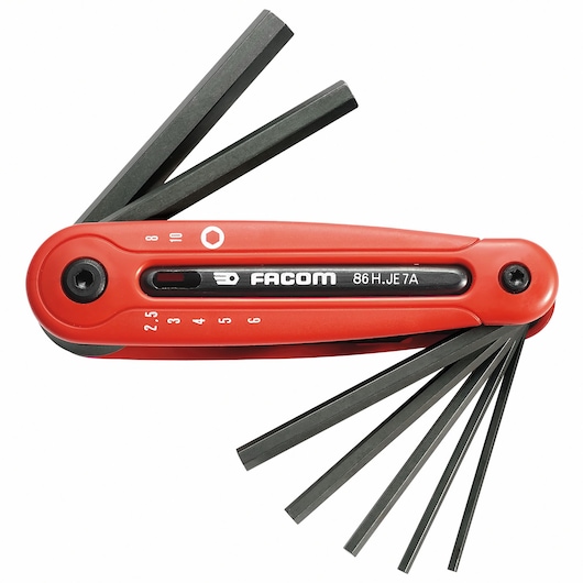 Facom 86H_JE7A red folding hex key set with black hex keys, front angle, photography.
