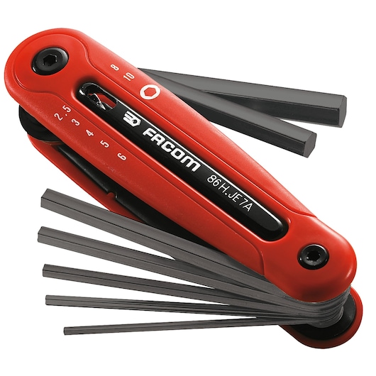 Facom 86H_JE7A hex key set with red handle, photography, angled view on white background.