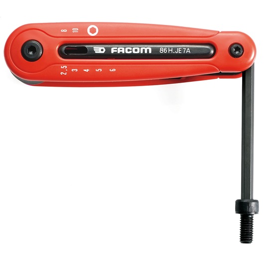 Facom 86H_JE7A folding hex key set, red handle with visible size markings and extended black hex key, side view.