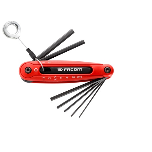 Facom 86H_JE7BSLS red folding hex key set with multiple black hex keys extended, shown from the side on white background.