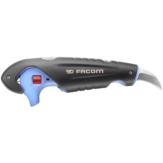 Facom 872271PB curved utility knife with black handle and red adjustment wheel, side view on white background.