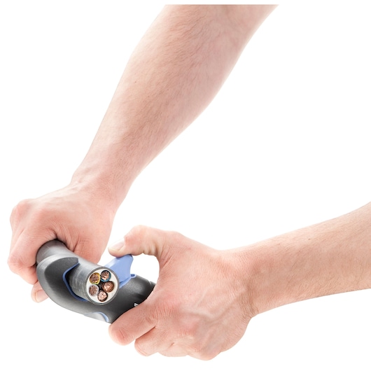 Close-up of two hands using a cable stripping tool to remove insulation from a round electrical cable.