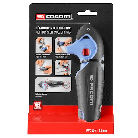 Photo of Facom 872271PB multifunction cable stripper in packaging, black and blue tool with red adjustment knob, front view.