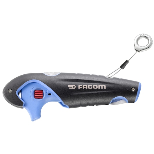Facom 872271SLS safety cutter with black and blue handle, side angle, white background.