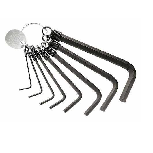 Facom hex key set 87H_JE8, black steel, nine pieces on a metal ring, front angle, white background.