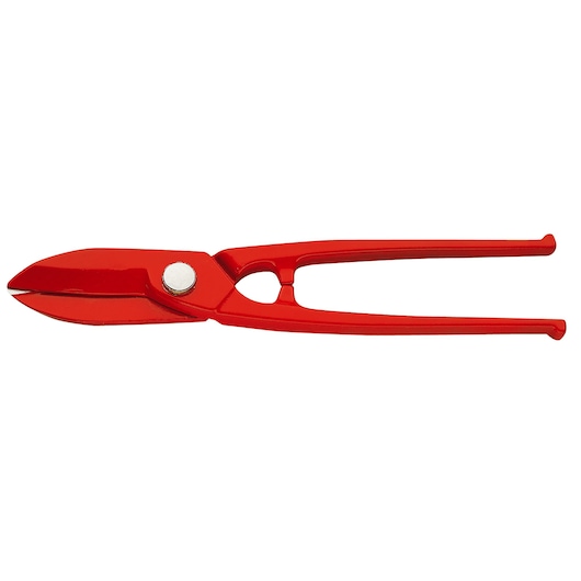 Facom 880 red metal tin snips, side view, with straight blades and ergonomic handles.
