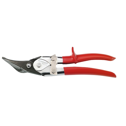 Photo of Facom 882A aviation snips with red handles, angled cutting jaws, side view on white background.