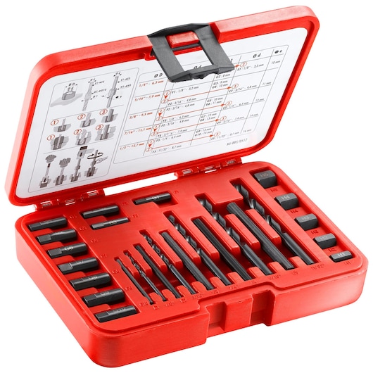 Facom 885 drill and extractor bit set in red plastic case, open to show organized bits and reference chart, angled view.