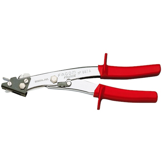 Facom 887A specialized metal pliers with red handles, side view on white background.
