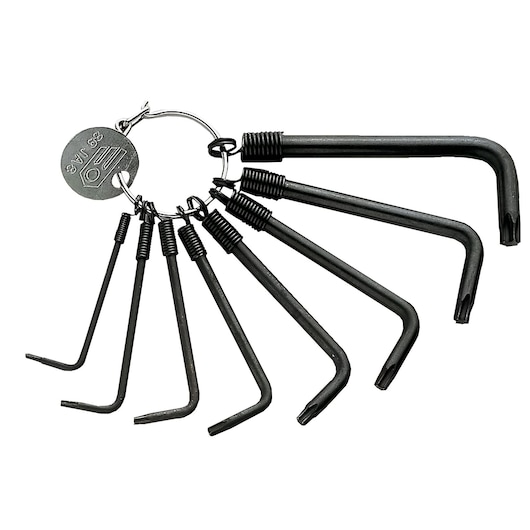 Facom 89_JA8 black Torx key set on ring, front angle, photography of hand tools.