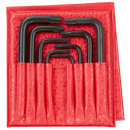 Facom 89_JL8 Torx L-key set in black steel, front angle, stored in red pouch.
