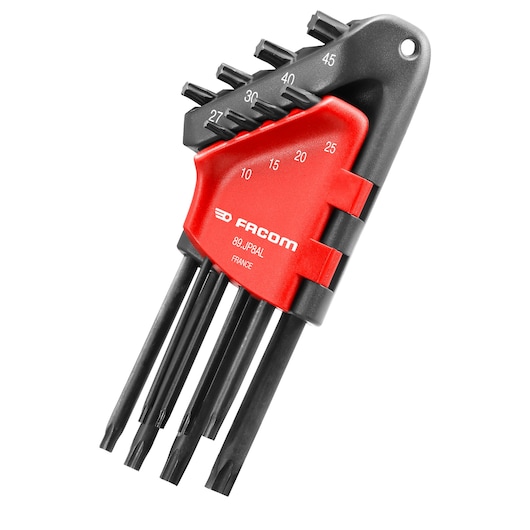 Facom 89_JP8AL Torx key set with black blades in red holder, angled product photo.