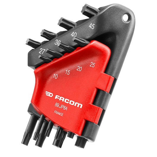 Facom 89_JP8A hex key set with black and red holder, assorted sizes, angled view on white background.