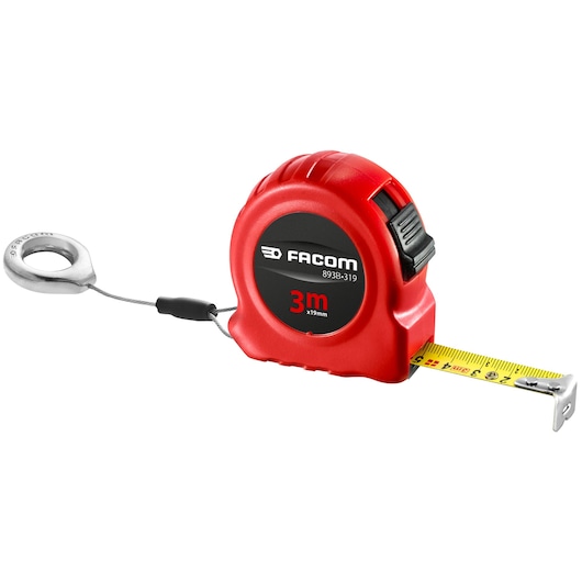 Photo of Facom 893_316SLS red 3m tape measure with metal lanyard and yellow measuring tape, front angle.
