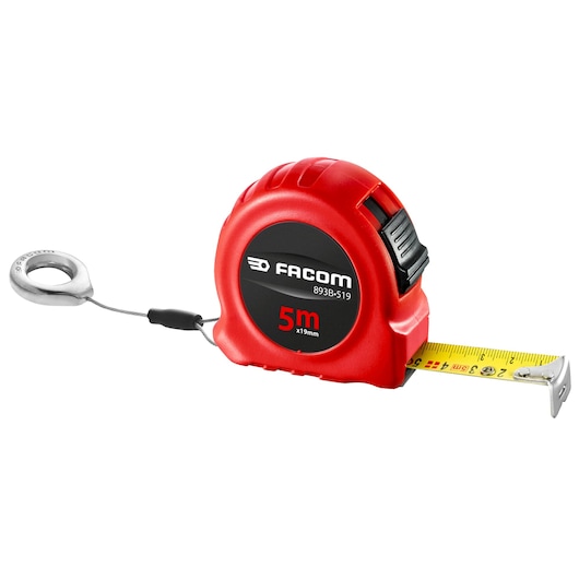 Photo of Facom 893_519SLS red and black tape measure, 5m length, with yellow blade and metal loop, side view.