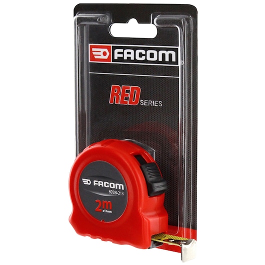 Facom 893B.213PB red tape measure 2m x 13mm in packaging, photography front angle.