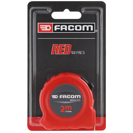 Facom 893B.213PB red 2m tape measure in retail packaging, front angle.