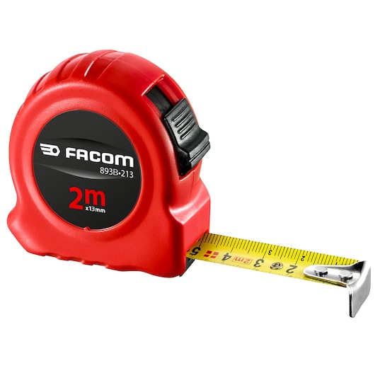 Facom 893B_213 red tape measure, 2m length, side angle, yellow marked blade, photography.