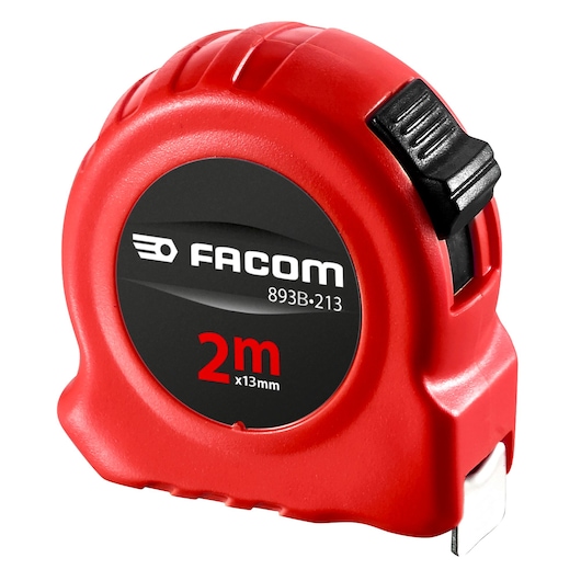 Facom 893B_213 red tape measure, 2m x 13mm, shown at angle on white background.