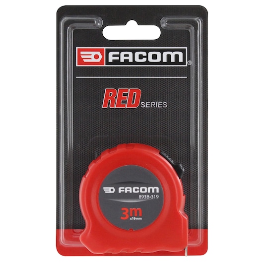 Facom 893B.319PB red 3m tape measure in retail packaging, front view.