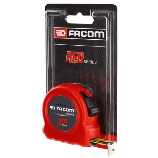 Photo of Facom 893B.319PB red tape measure, 3m length, in retail packaging, front angle on white background.