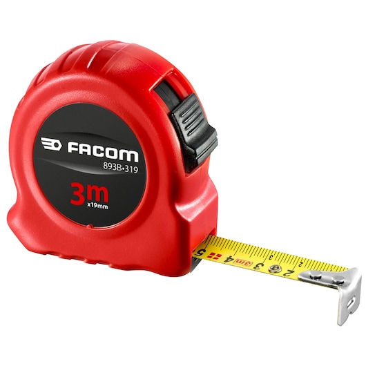 Facom 893B_319 red tape measure, 3m x 19mm, front angle photo on white background.