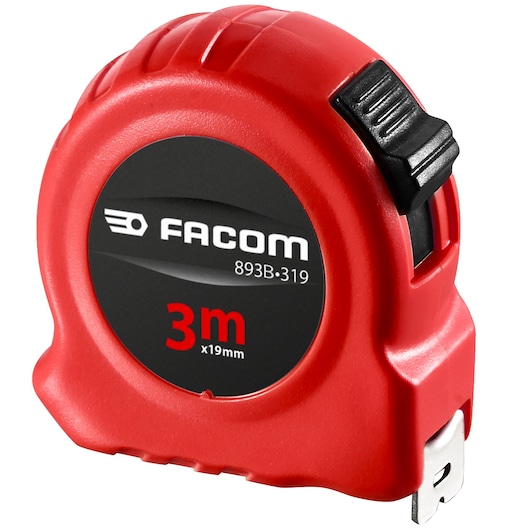 Facom 893B_319 red tape measure 3m x 19mm side angle on white background.