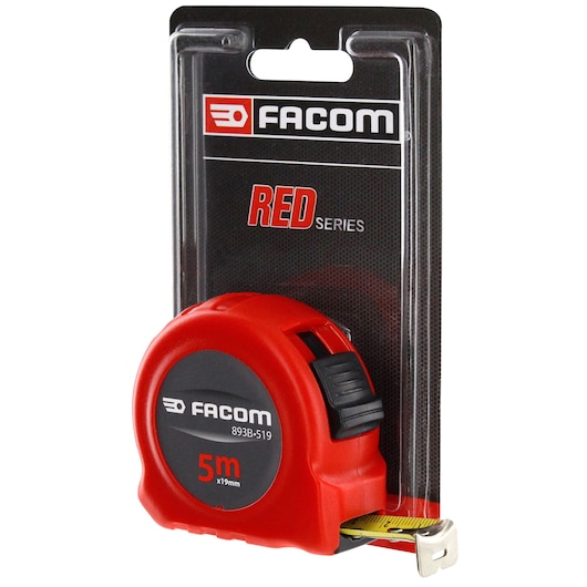 Facom 893B.519PB tape measure, 5m length, red and black case, in plastic packaging, front angle.