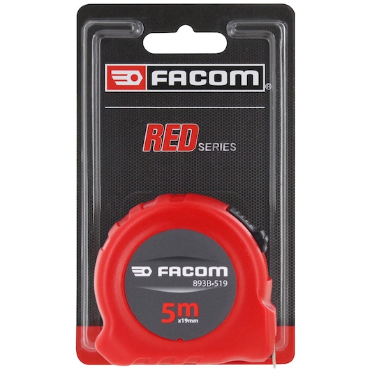 Facom 893B.519PB red tape measure 5m x 19mm in retail packaging, front angle, RED Series branding.