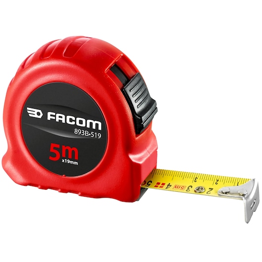 Facom 893B_519 red tape measure, 5m length, black and yellow blade, photography, front angle on white background.