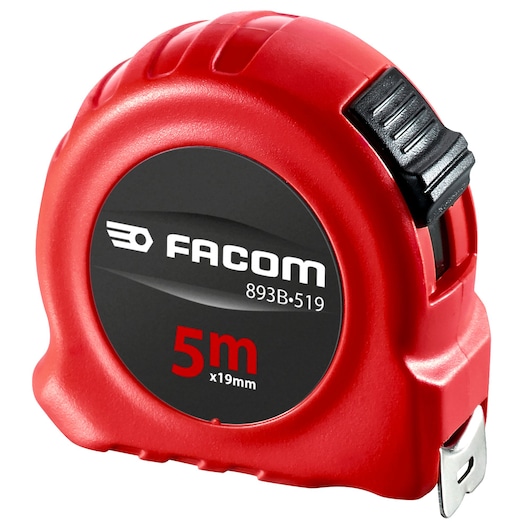 Facom 893B_519 red tape measure, 5m x 19mm, side angle, photography on white background.