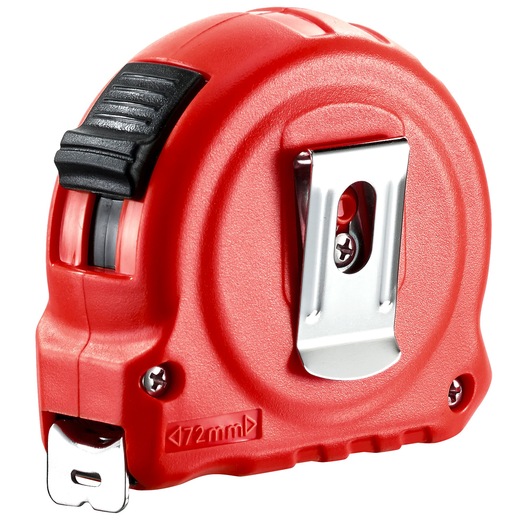 Facom 893B_519 red tape measure with metal clip and black lock, product photo on white background.