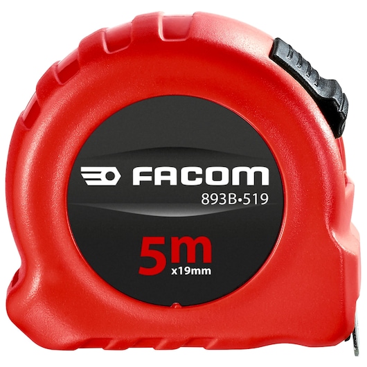 Facom 893B_519 red measuring tape, 5m x 19mm, front angle on white background.