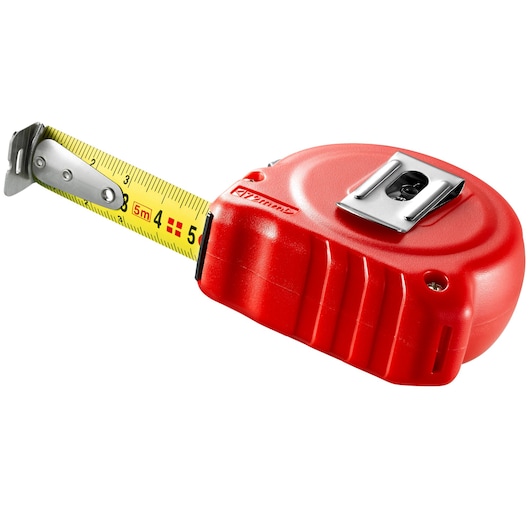 Facom red tape measure with yellow blade, belt clip, side view, SKU 893B_519, hand tool category.