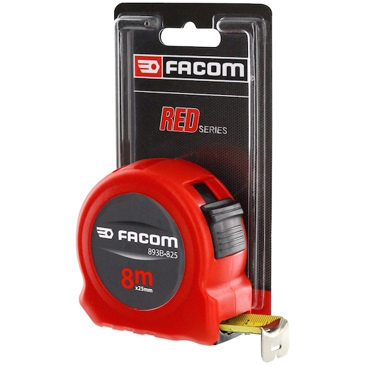 Photo of Facom 893B.825PB RED Series 8m tape measure in red and black, angled on white background.
