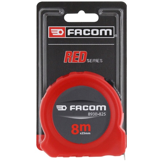 Photo of Facom 893B.825PB measuring tape, red and black, 8m x 25mm, front angle, on packaging.