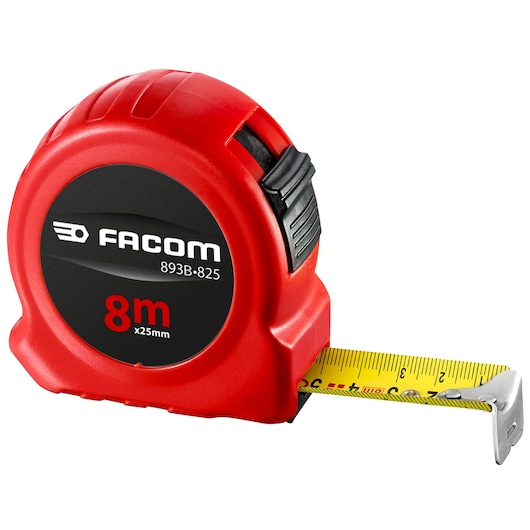 Facom 893B_825 red tape measure, 8m x 25mm, right angle on white background.
