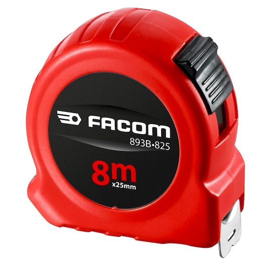 Facom 893B_825 red tape measure 8m x 25mm, angled front view on white background.